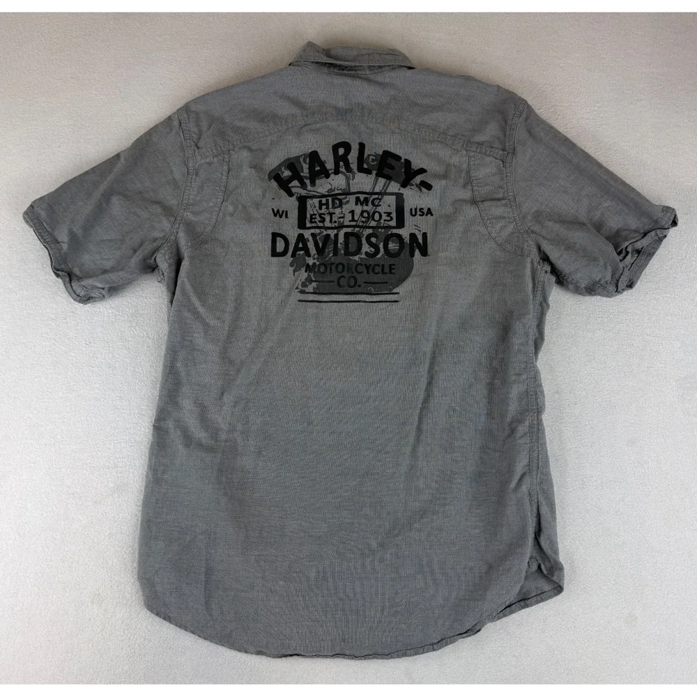 Harley Davidson Button Down Shirt Mens L Grey Short Sleeve Graphic Epaulet 59615